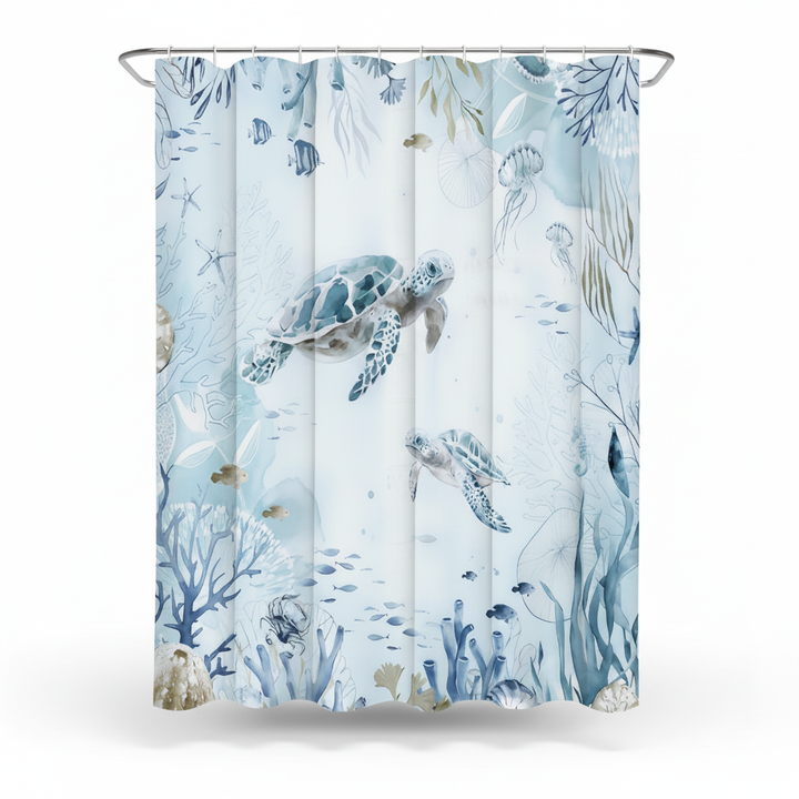 Coastal decor shower curtain featuring sea turtles, perfect for a marine themed bathroom