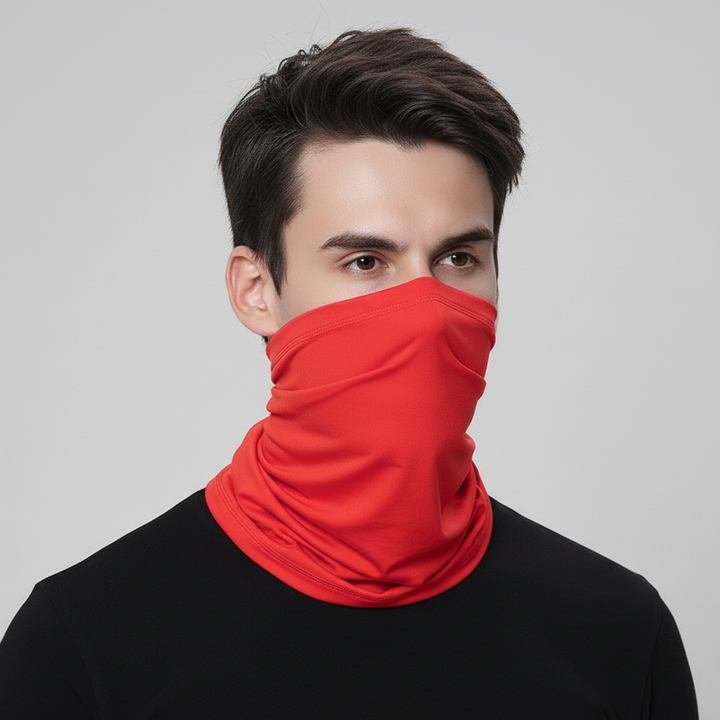 Seamless polyester tube scarf in a vibrant pattern, functioning as a neck warmer and head covering for winter sports.