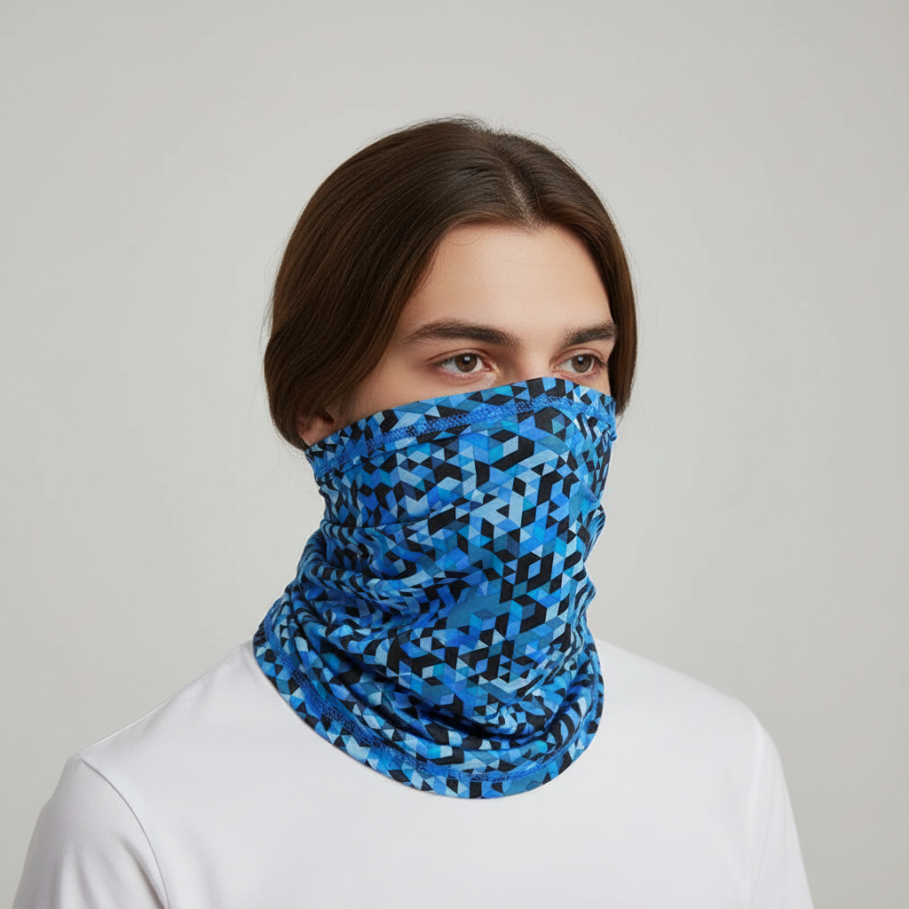Lightweight seamless polyester neck warmer in a heather gray, packed for travel, great for winter accessories.