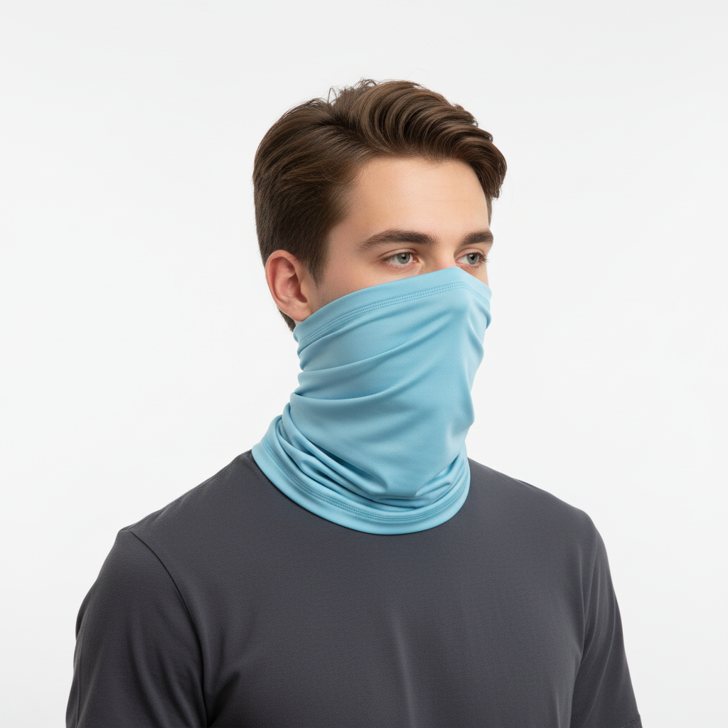 A person utilizing a seamless black polyester tube scarf as a face mask for protection against wind and cold.