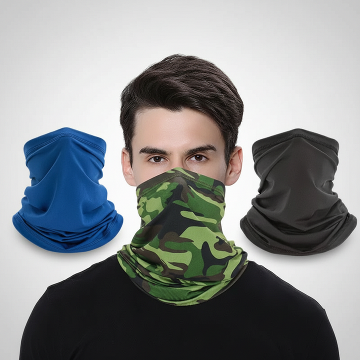 Seamless gray polyester tube scarf, ideal as a neck warmer, face mask, or headband for outdoor activities.