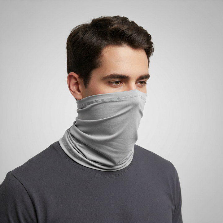 Polyester neck warmer tube scarf in a camouflage pattern, seamless and breathable for tactical or outdoor use.