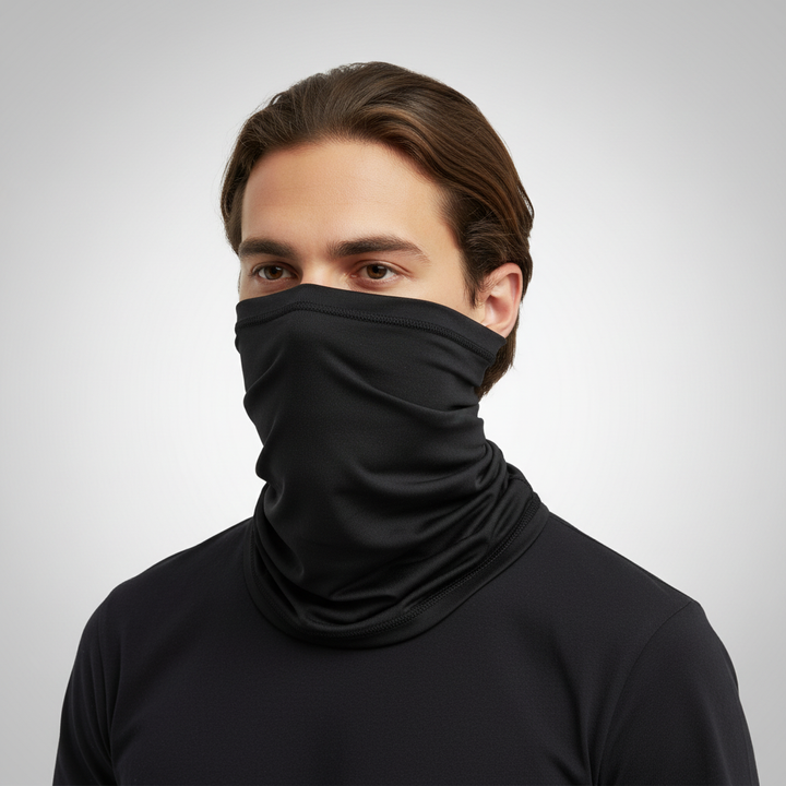 Seamless white polyester tube scarf, perfect for unisex use as a neck warmer or face covering in cold weather.