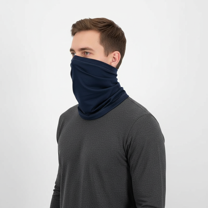 Close-up of the seamless texture of a black polyester neck warmer tube scarf, highlighting its flexibility.
