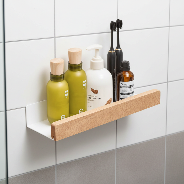 Unisex self-adhesive walnut wood bathroom wall shelf, drill-free organization for modern homes