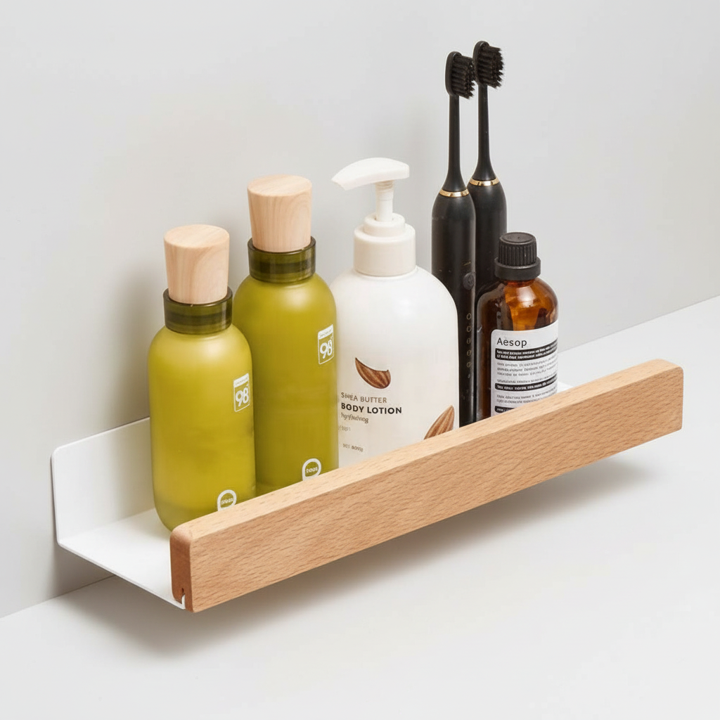 AquaWood natural wood bathroom wall shelf with self-adhesive mounting for easy install