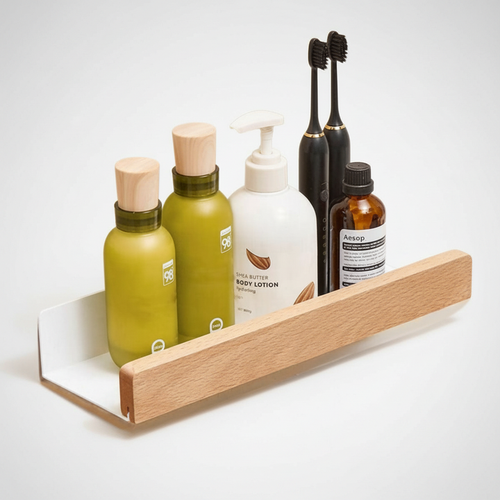 Drill-free wooden bathroom shelf, self-adhesive design in natural walnut finish for storage