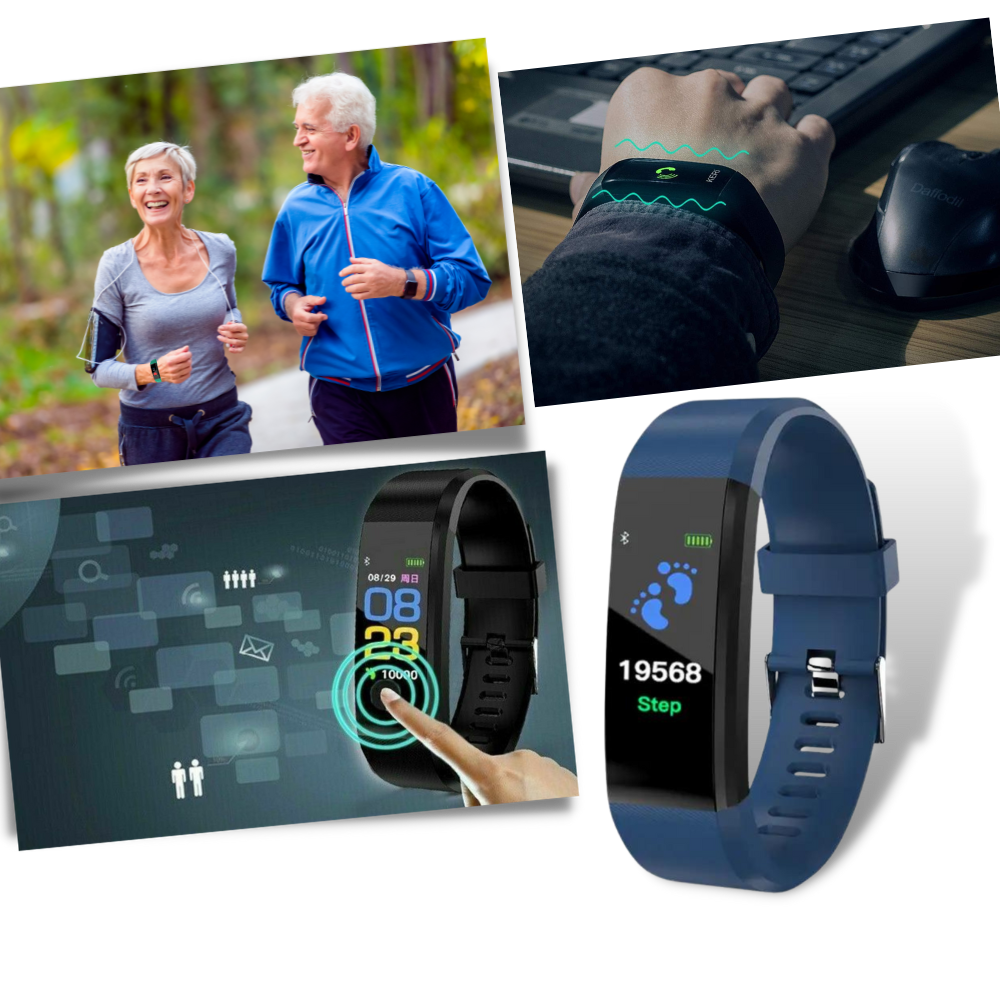 Unisex senior smartwatch for health monitoring, tracking heart rate, blood pressure & daily activity.