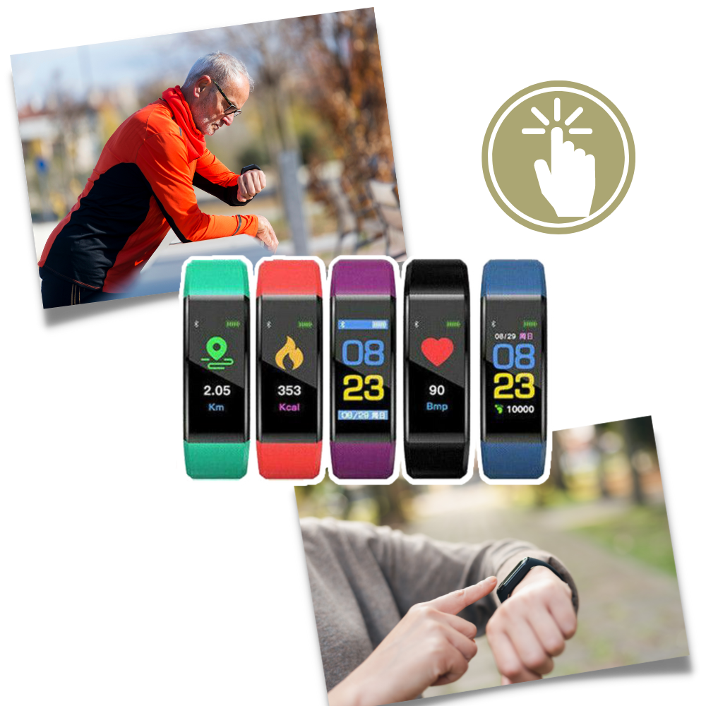 Elderly-friendly smartwatch, easy to use, monitoring health vitals for an active lifestyle.