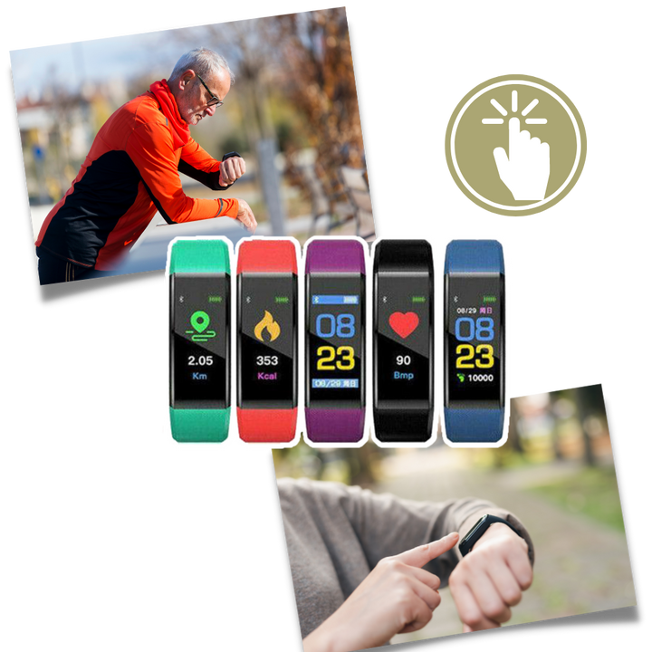 Elderly-friendly smartwatch, easy to use, monitoring health vitals for an active lifestyle.