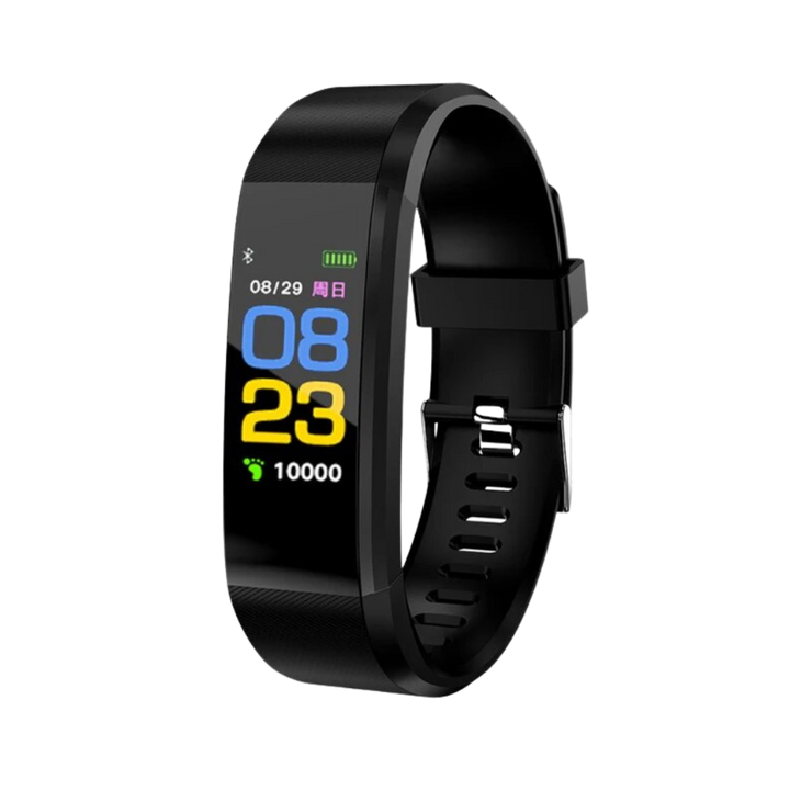 Smartwatch for seniors displaying blood pressure and heart rate, promoting independent living.