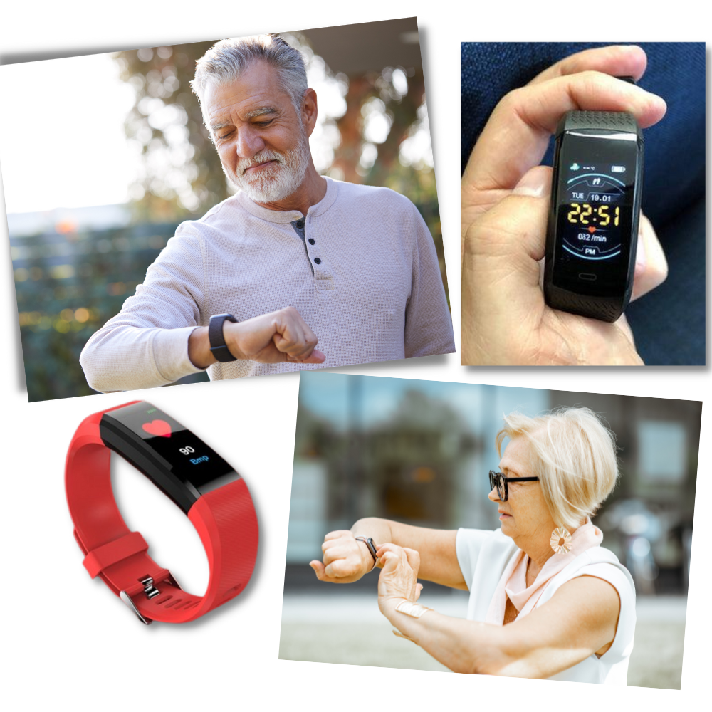 Fitness tracker smartwatch for seniors, monitoring steps, activity, and sleep for active aging.