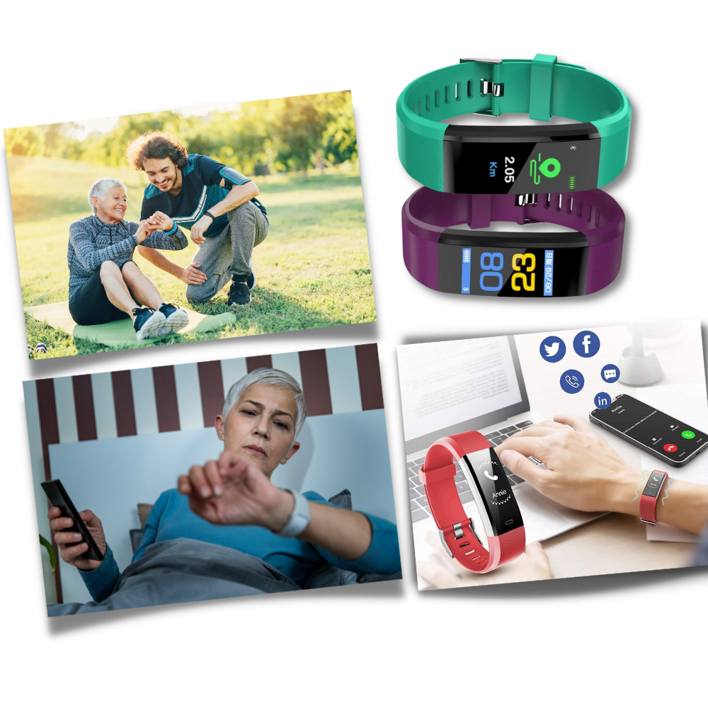 Easy-to-read display on senior smartwatch, showing time, heart rate, and steps for daily use.