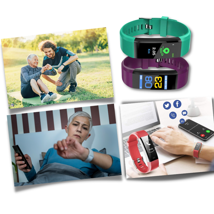 Easy-to-read display on senior smartwatch, showing time, heart rate, and steps for daily use.