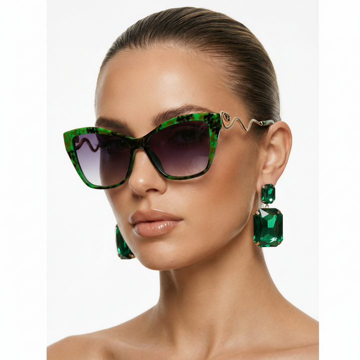 Stylish trendsetter wearing Serpentina fashion sunglasses, a chic unisex accessory with UV protection.