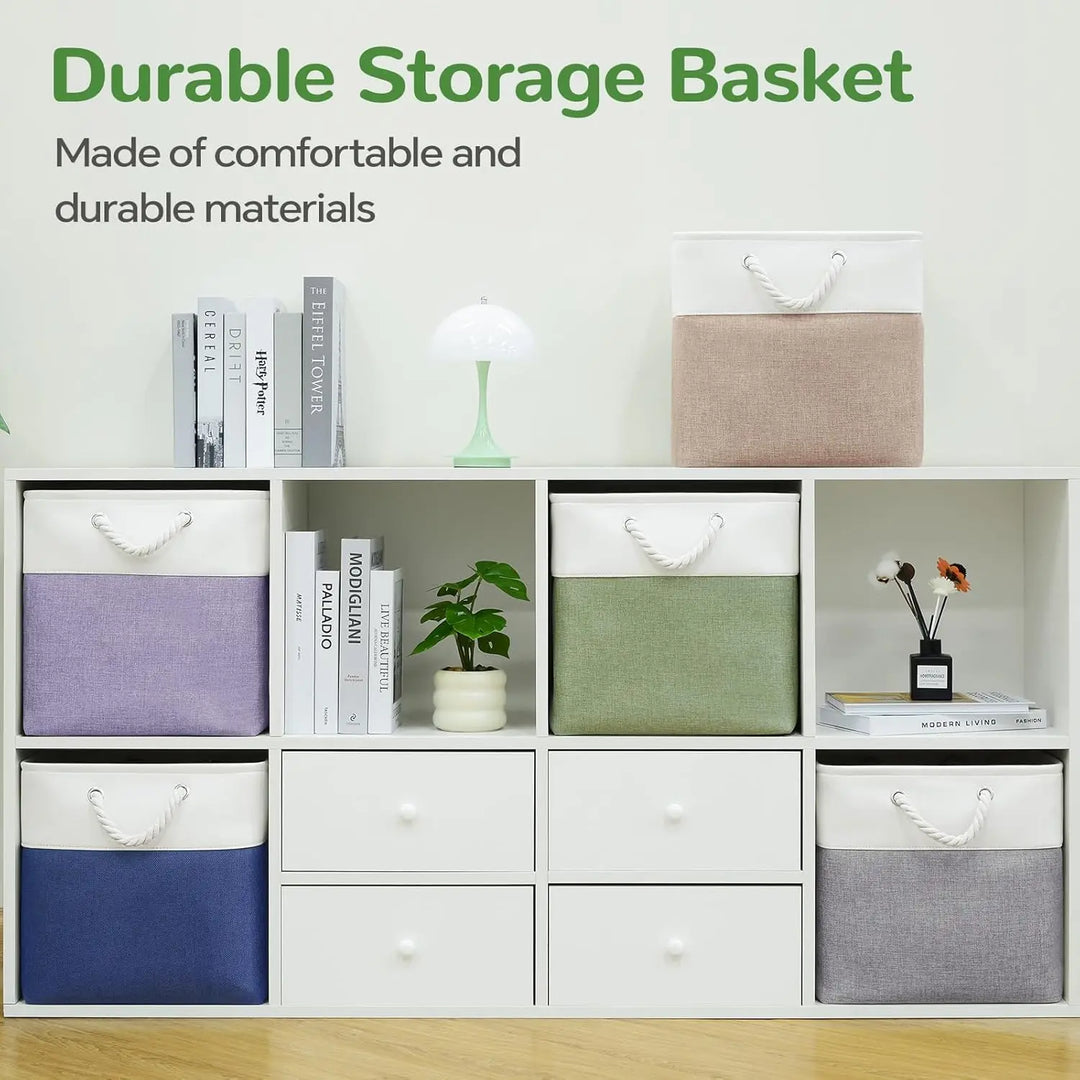 Close-up of Nadir fabric cube storage bin with braided rope handle and textured material
