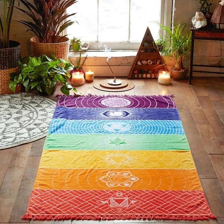 Unisex Seven Chakra Yoga & Meditation Blanket, vibrant colors. Ideal for spiritual practice & relaxation.