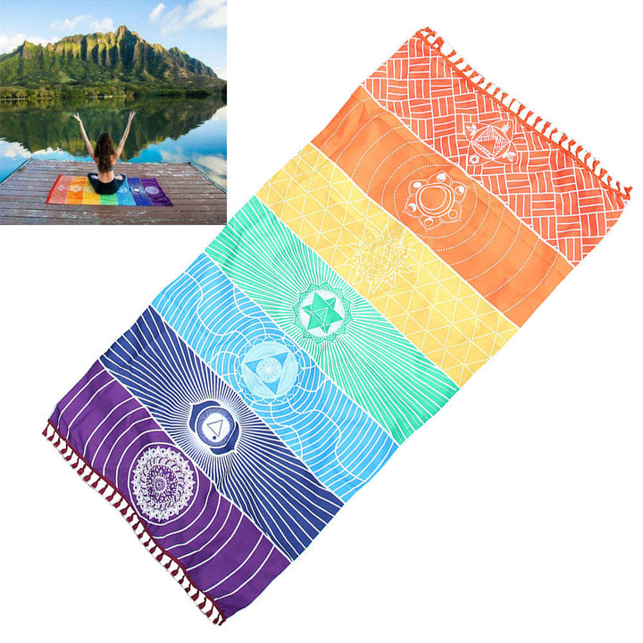 Yoga mat/blanket with seven chakras design, polyester for comfort. Enhances meditation & spiritual decor.