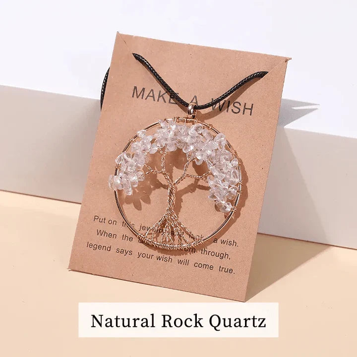 Polished stainless steel Tree of Life necklace with seven chakra healing gemstones. Unisex.