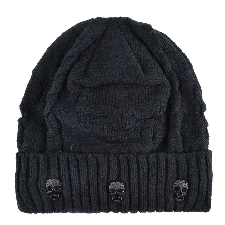 Unisex Shadow Skull Cap with shimmering metallic skull accents. Warm knit beanie for winter.