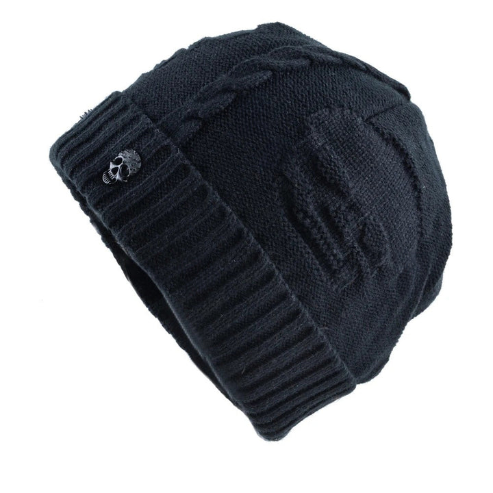 Edgy unisex skull cap featuring metallic skulls. Perfect winter hat for a bold statement.