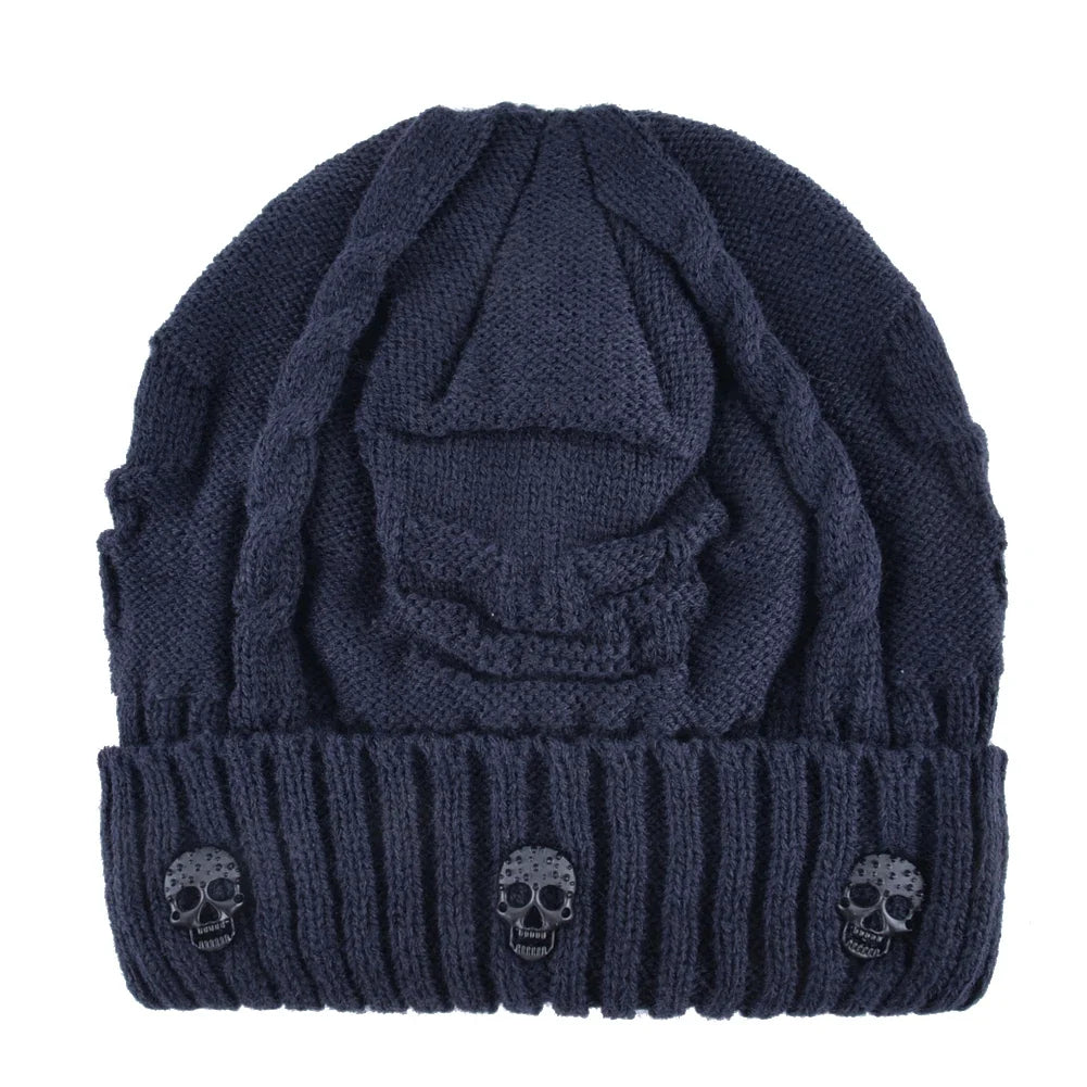 Dark shadow skull cap adorned with gleaming metallic skull motifs. A must-have unisex winter hat.