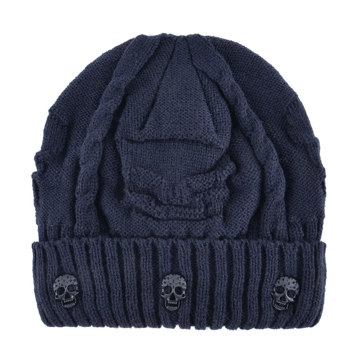 Dark shadow skull cap adorned with gleaming metallic skull motifs. A must-have unisex winter hat.