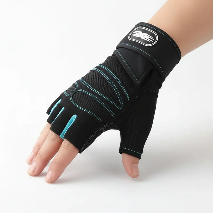 Black unisex training gloves, shock-resistant, offering wrist support for fitness & exercise.