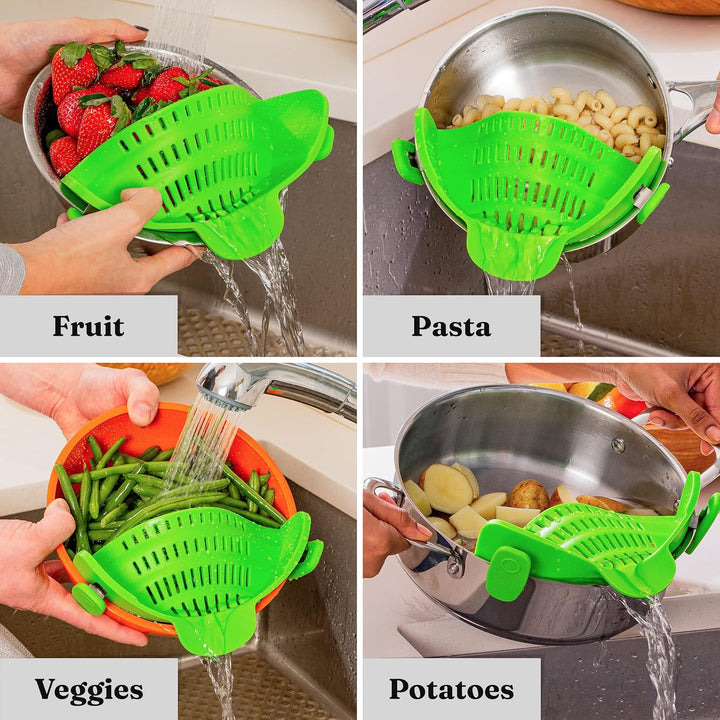 Durable silicone clip-on strainer in orange, ideal for draining pasta and vegetables