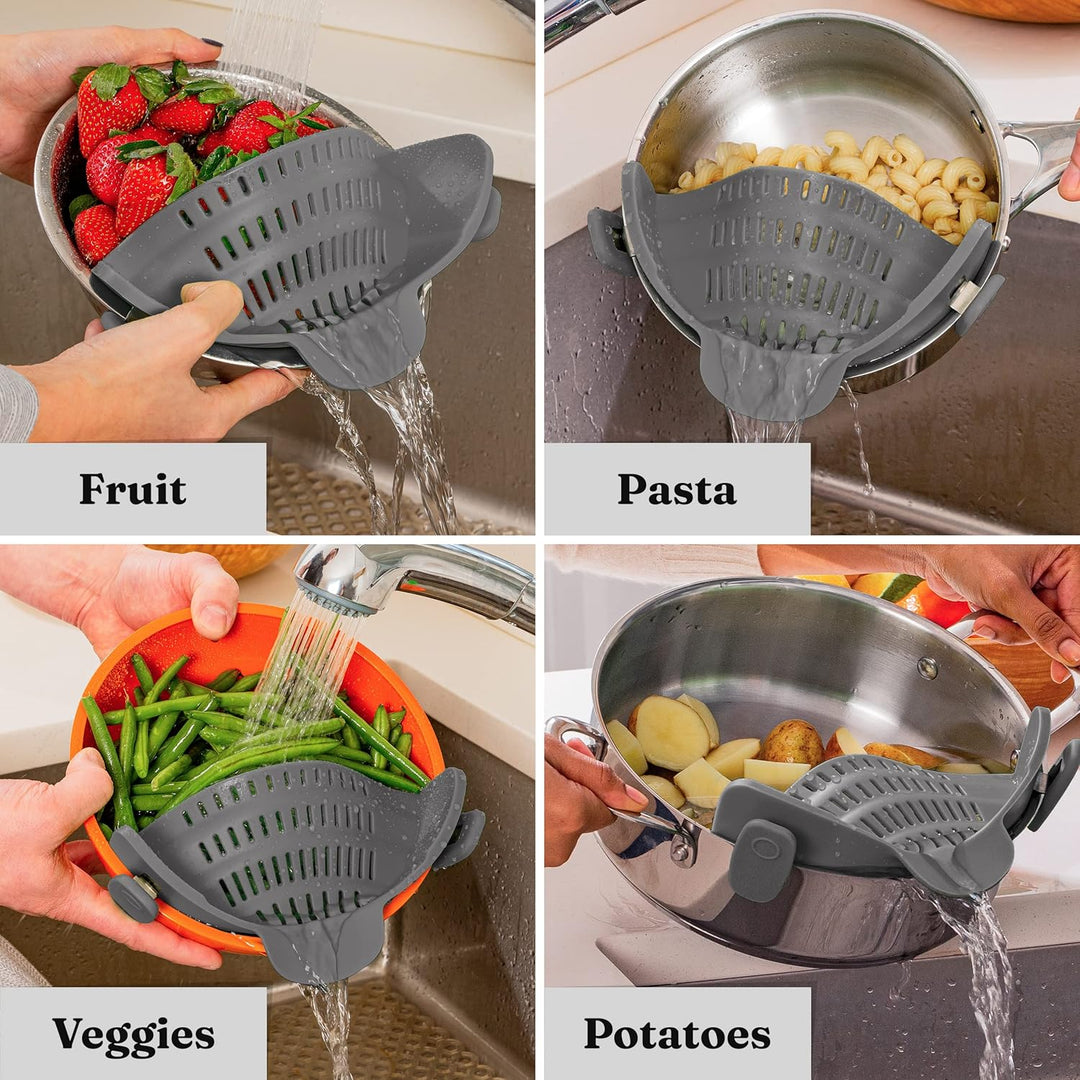 Close-up of a blue silicone clip-on colander, showing the flexible clips on a pan