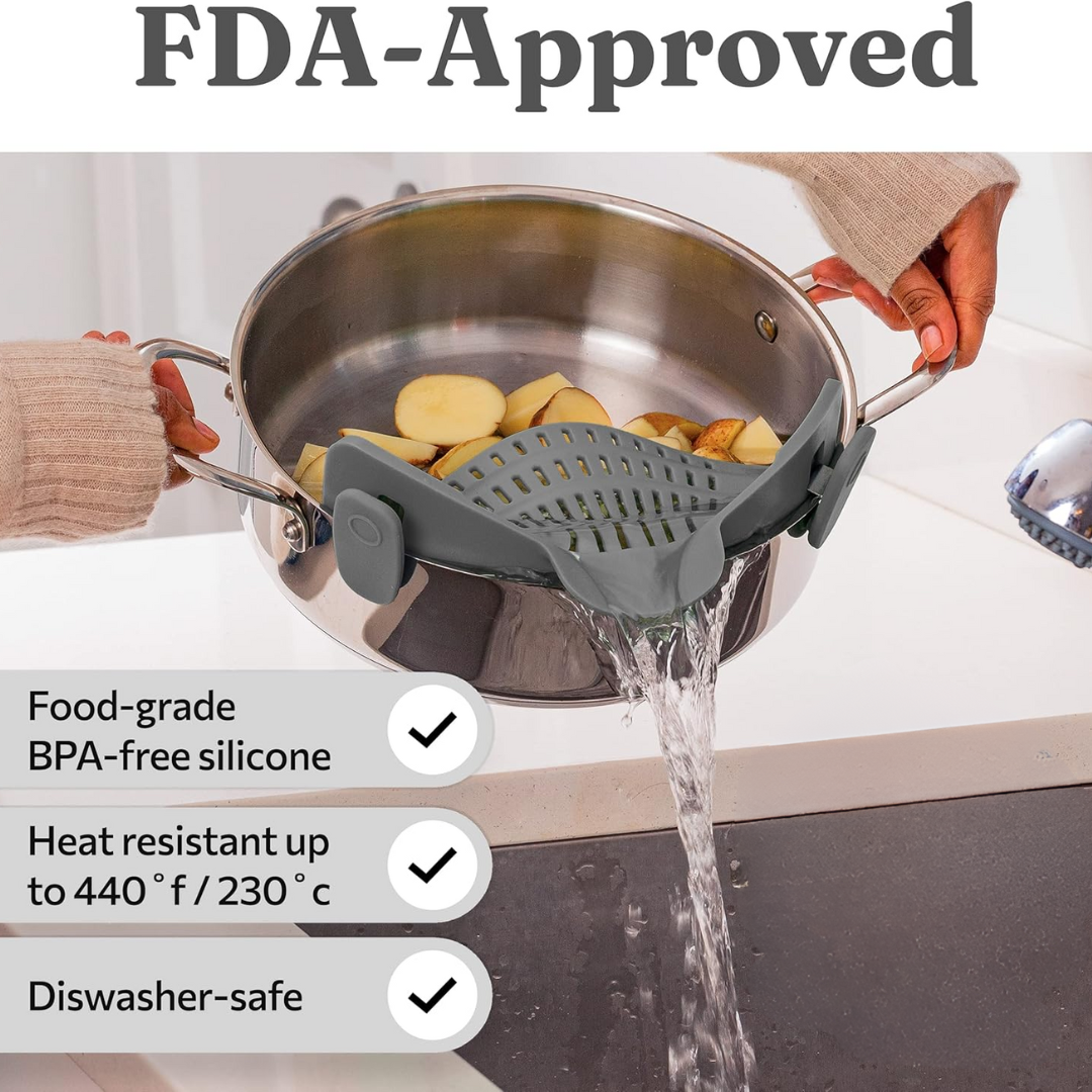 Food strainer: compact yellow silicone clip-on colander, securing to a saucepan