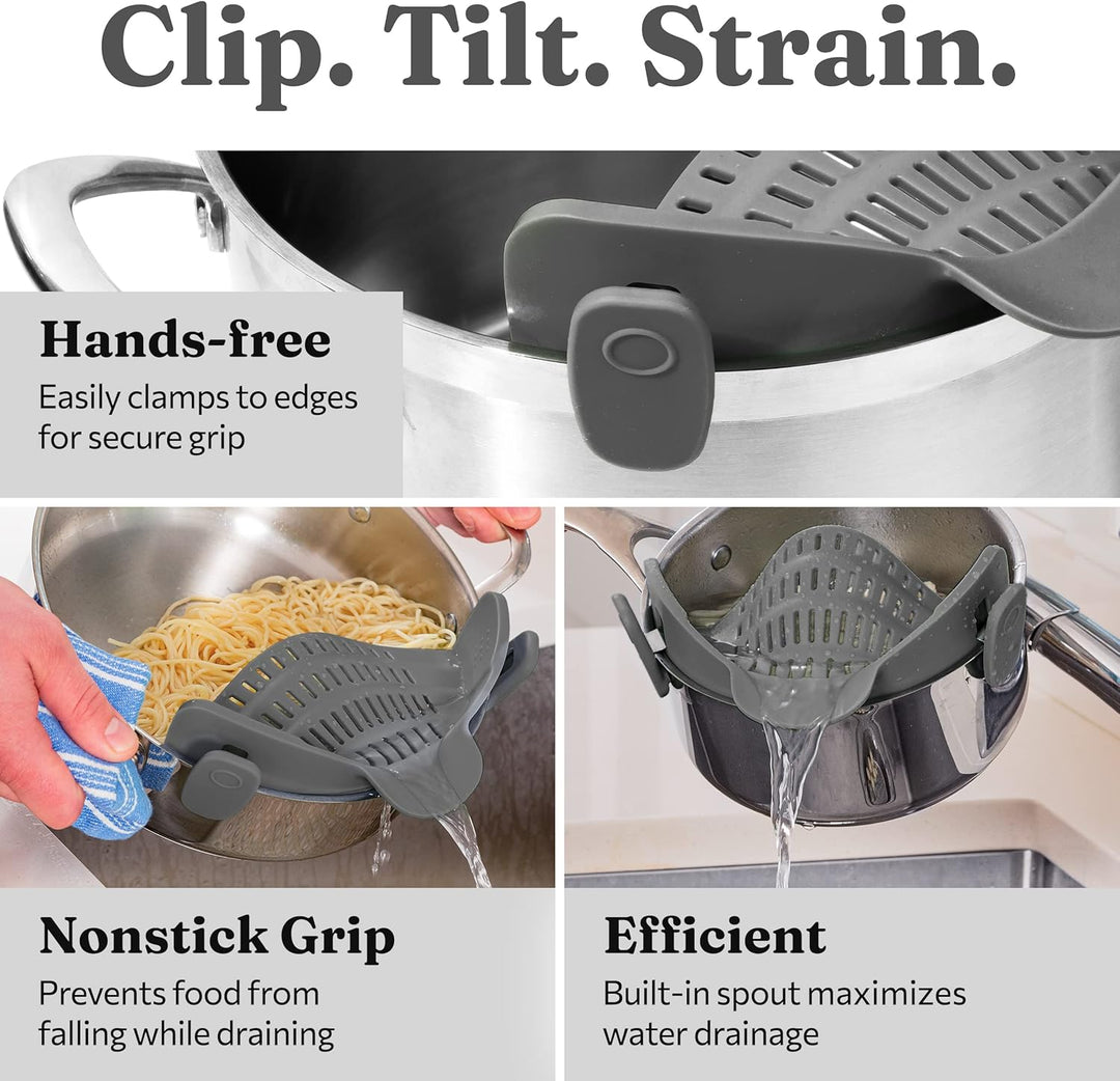 Heat resistant silicone clip-on strainer, shown from top, ready for pasta draining