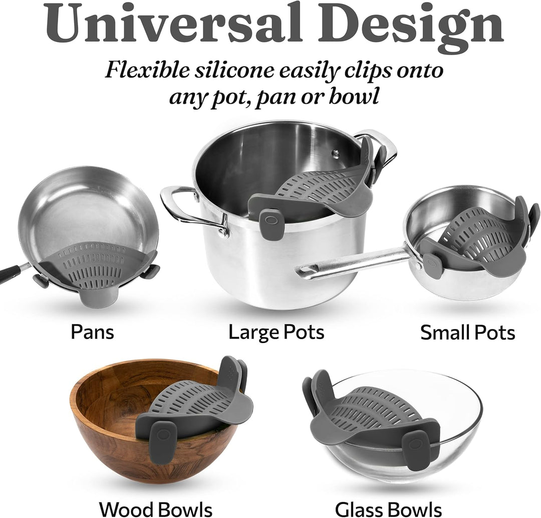 Cooking accessory: gray silicone clip-on colander for versatile kitchen use