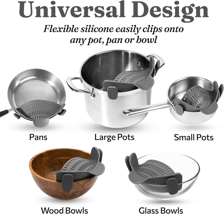 Cooking accessory: gray silicone clip-on colander for versatile kitchen use