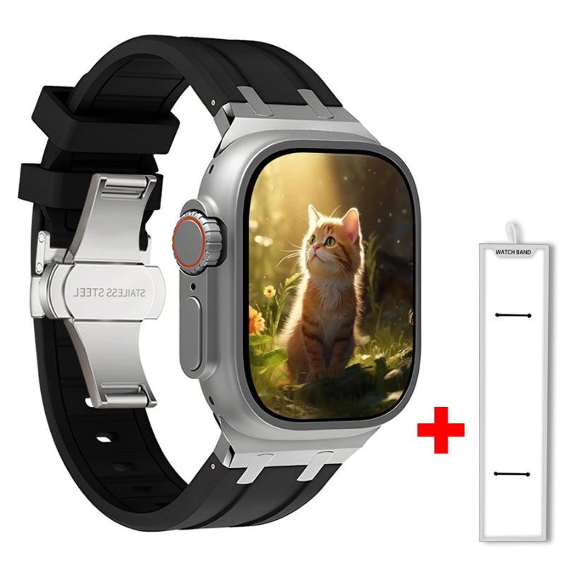 Unisex silicone smartwatch band with secure titanium buckle. Durable, comfortable, quick-release design for smartwatches.