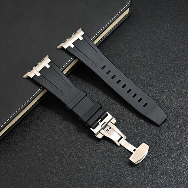 Smartwatch accessory: durable unisex silicone band with a secure titanium pin-buckle clasp. Quick-release.
