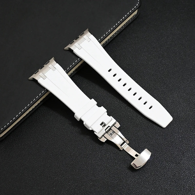 Unisex hypoallergenic silicone smartwatch band featuring a robust titanium buckle. Comfortable & durable.