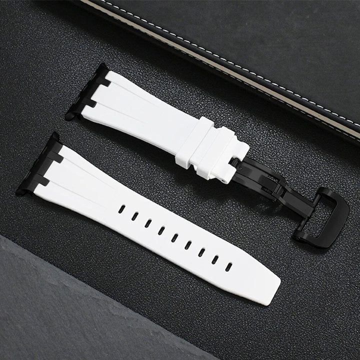 Easy quick-release unisex silicone smartwatch band with a durable titanium buckle. Comfortable wristband.