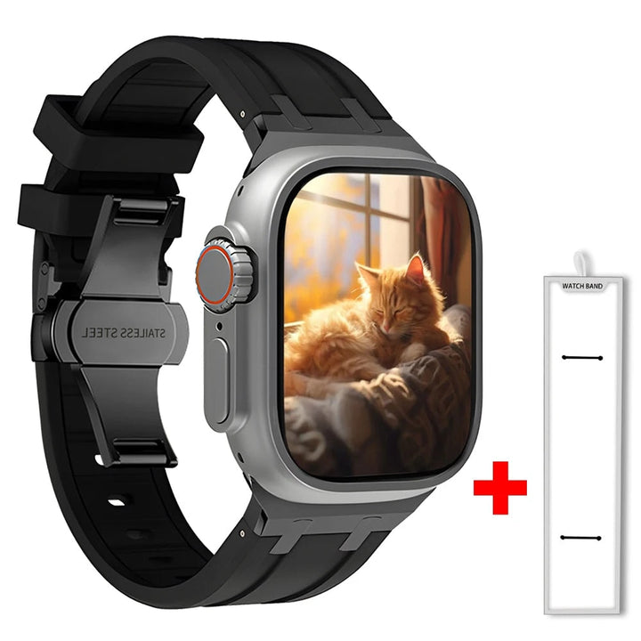 Durable & comfortable unisex silicone smartwatch strap with a sleek titanium clasp. Hypoallergenic wristband.