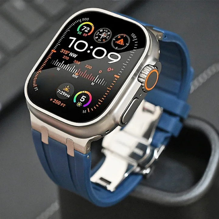 Modern unisex silicone smartwatch strap, sleek design with a secure titanium clasp. Quick-release accessory.
