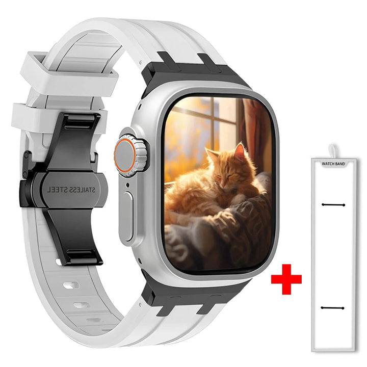 Modern unisex silicone watch strap for smartwatches, featuring a durable titanium clasp. Comfortable accessory.