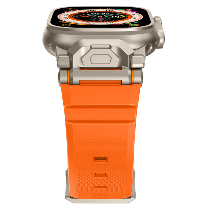 Hypoallergenic silicone watch strap, quick release, designed for dynamic outdoor wear.