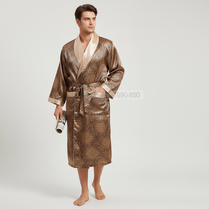 High-quality SatinElegance robe with golden patterns, perfect for comfortable home wear