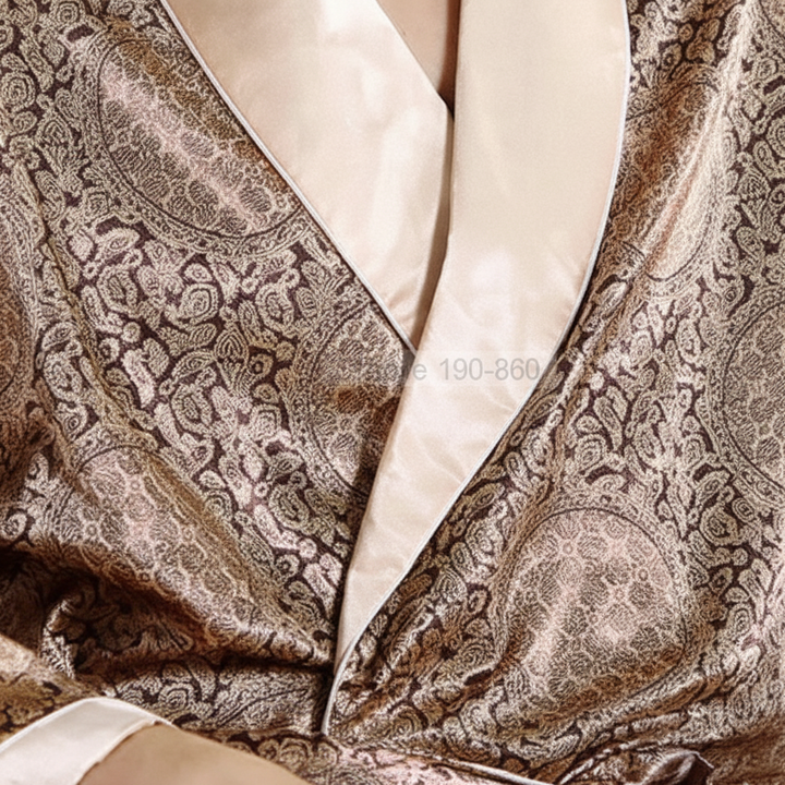 Luxury sleepwear: Unisex satin bathrobe featuring exquisite golden pattern detail
