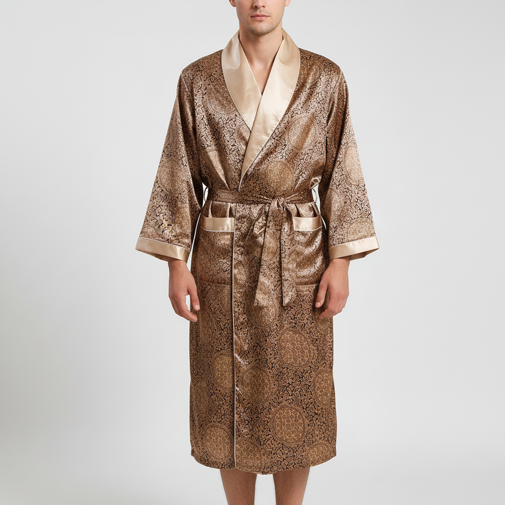 Elegant golden pattern on silky unisex satin bathrobe; breathable and comfortable