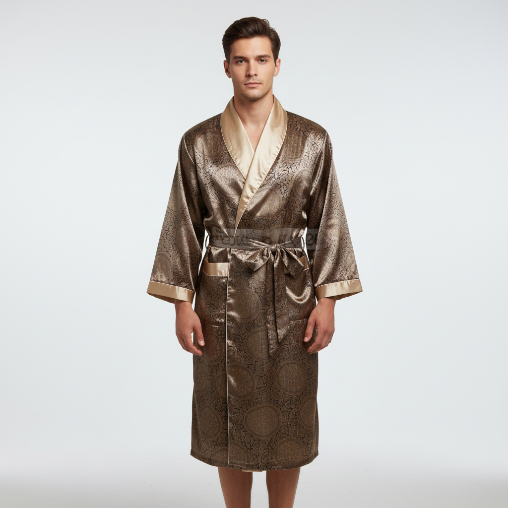 Unisex satin robe with sophisticated golden design, ideal as luxury loungewear