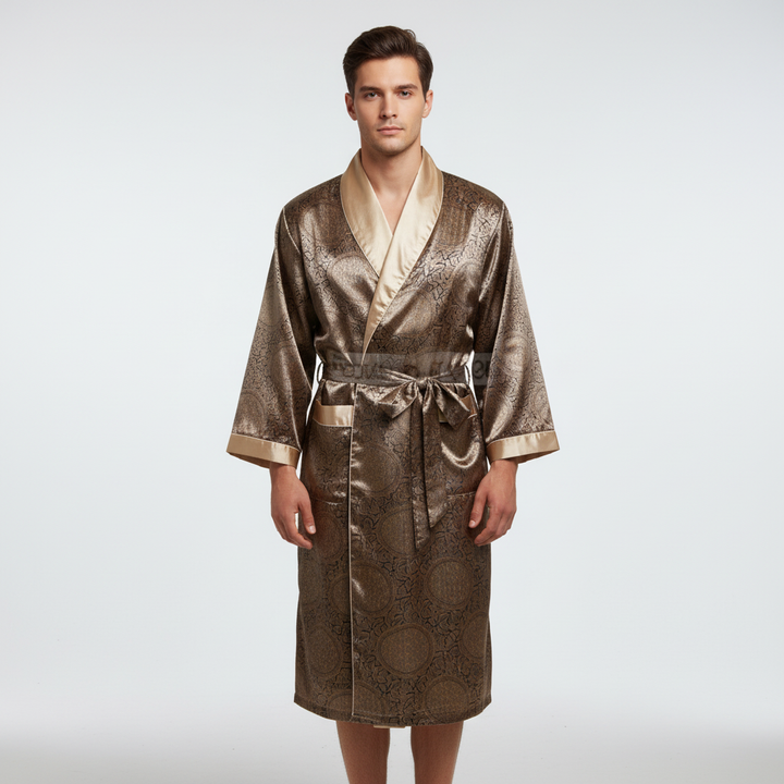 Unisex satin robe with sophisticated golden design, ideal as luxury loungewear