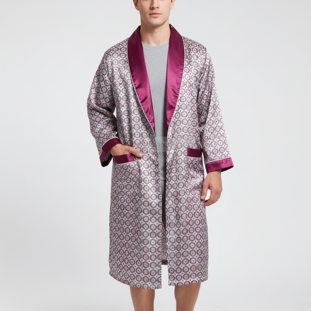 Golden-patterned SatinElegance bath robe, a perfect blend of comfort and style