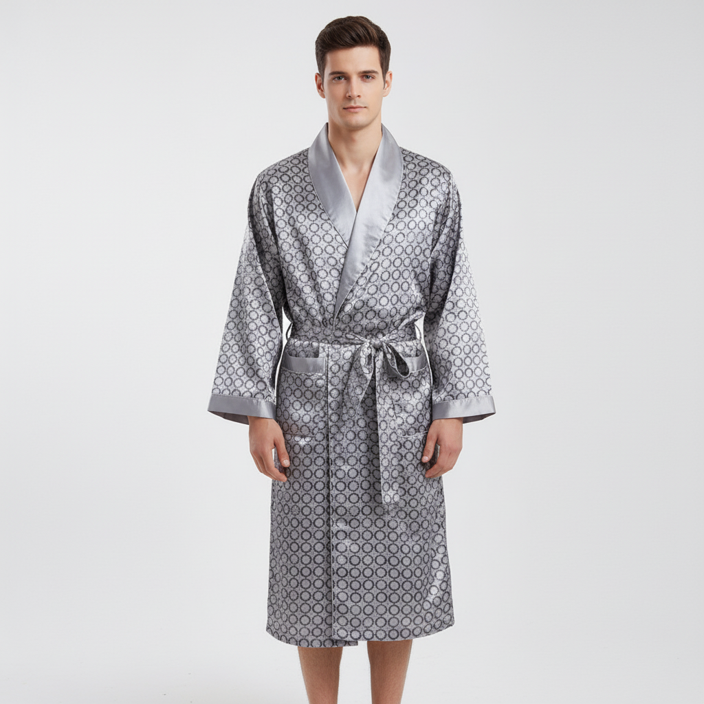 Comfortable unisex satin robe with refined golden pattern, excellent for home wear