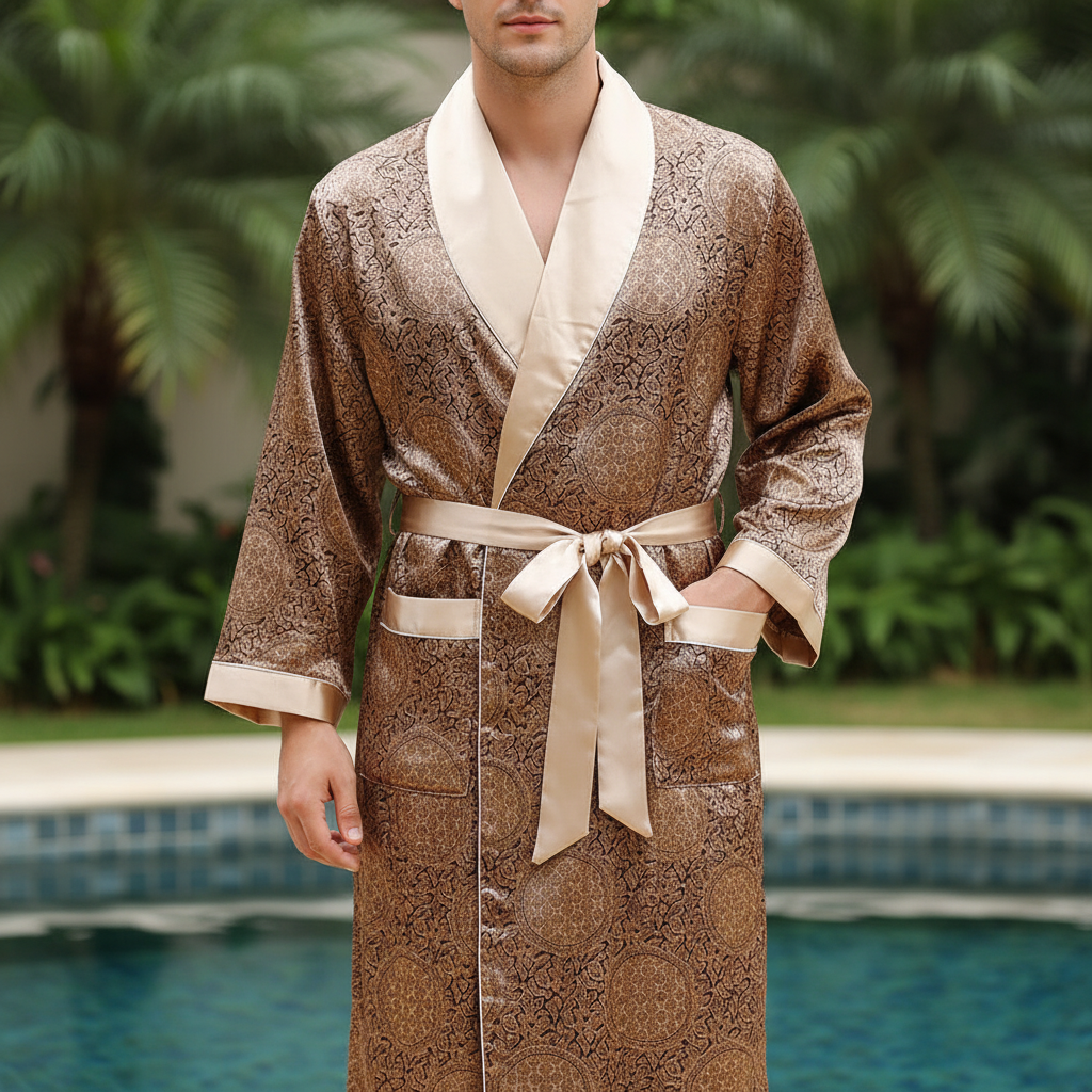 Unisex Silky Satin Robe, Elegant Golden Pattern, luxurious loungewear